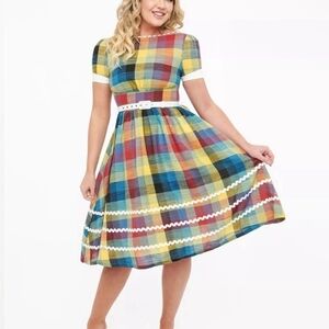 Unique Vintage Colorful Plaid Midi Dress Medium